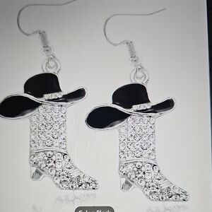 NWT Buer Elegant Boot & Hat Rhinestone Cowboy Earrings Silver & Black 2" X 1"